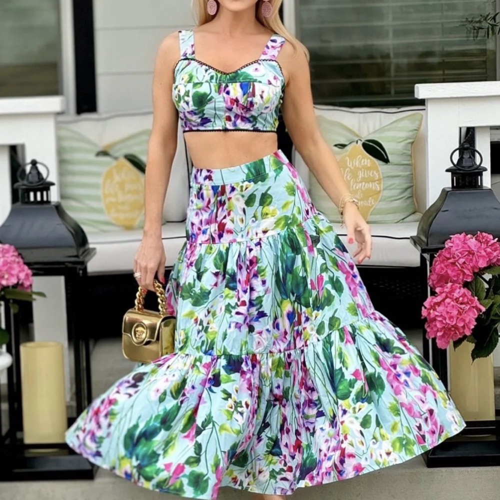 Floral Tiered A-Line Maxi Skirt in Light Blue Multicolor